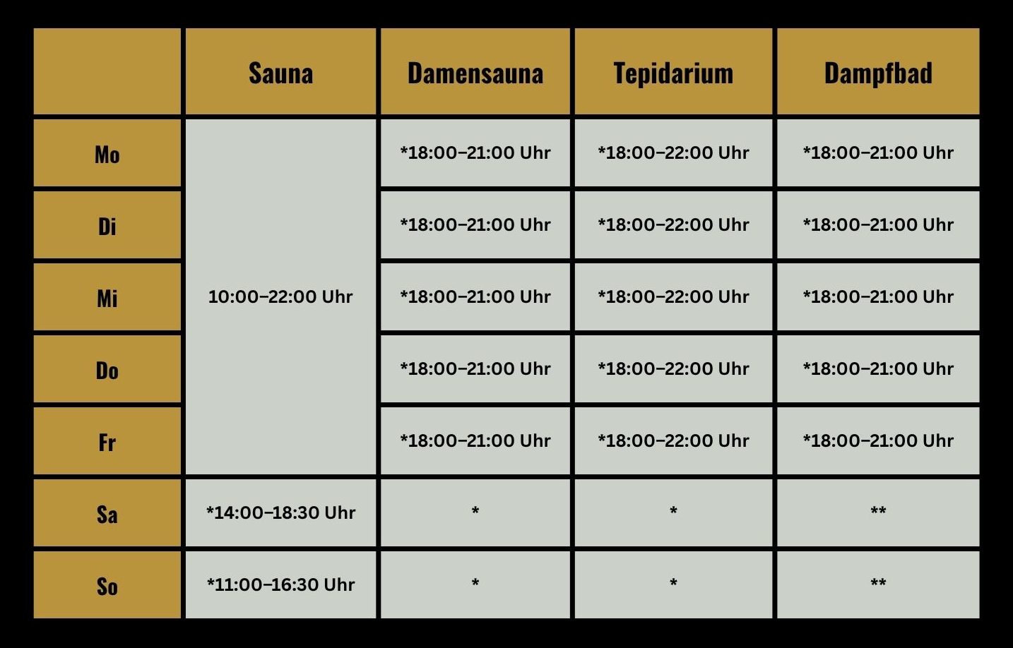 Sommerplan für die Sauna im Fitnessstudio Area13 Sportsclub in Ettenheim bei Lahr.