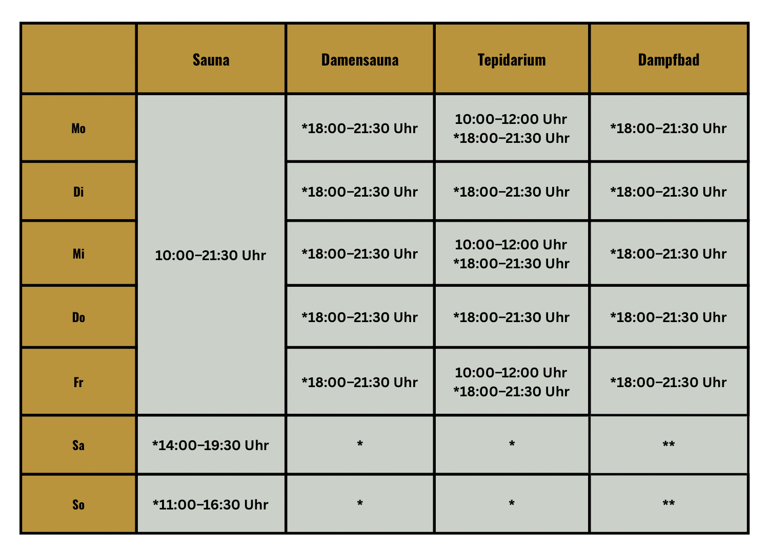 Der Sommerplan für die Saune im Fitnessstudio Area13 Sportsclub in Ettenheim bei Lahr. 