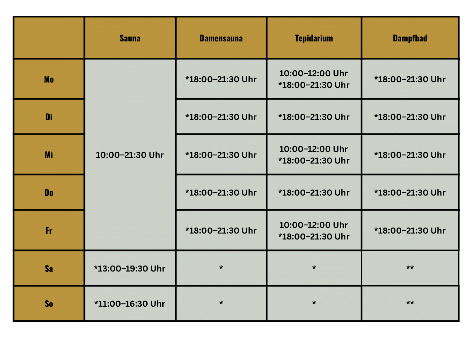 Der Winterplan für die Sauna im Fitnessstudio Area13 in Ettenheim bei Lahr. 